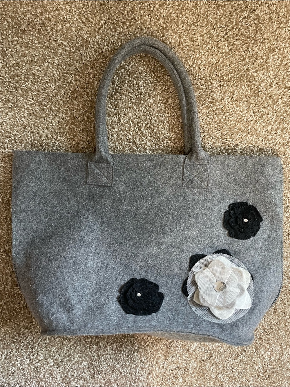 Gray Felt Tote Bag with Floral Appliqué